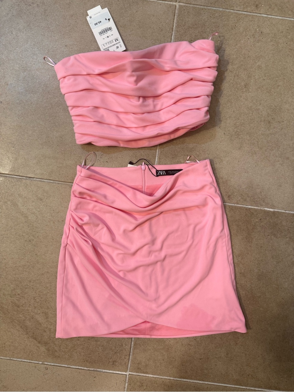 Zara Pink Ruched Satin Mini Skirt Set - New W Tags